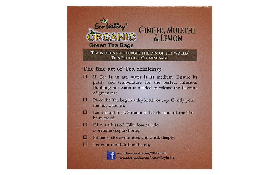 Eco Valley Ginger, Mulethi & Lemon Organic Green Tea Bags   Box  25 pcs
